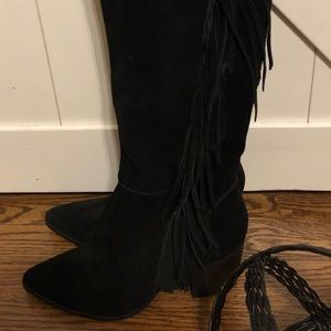 STEVE MADDEN Fringe Suede Black Knee High Boots